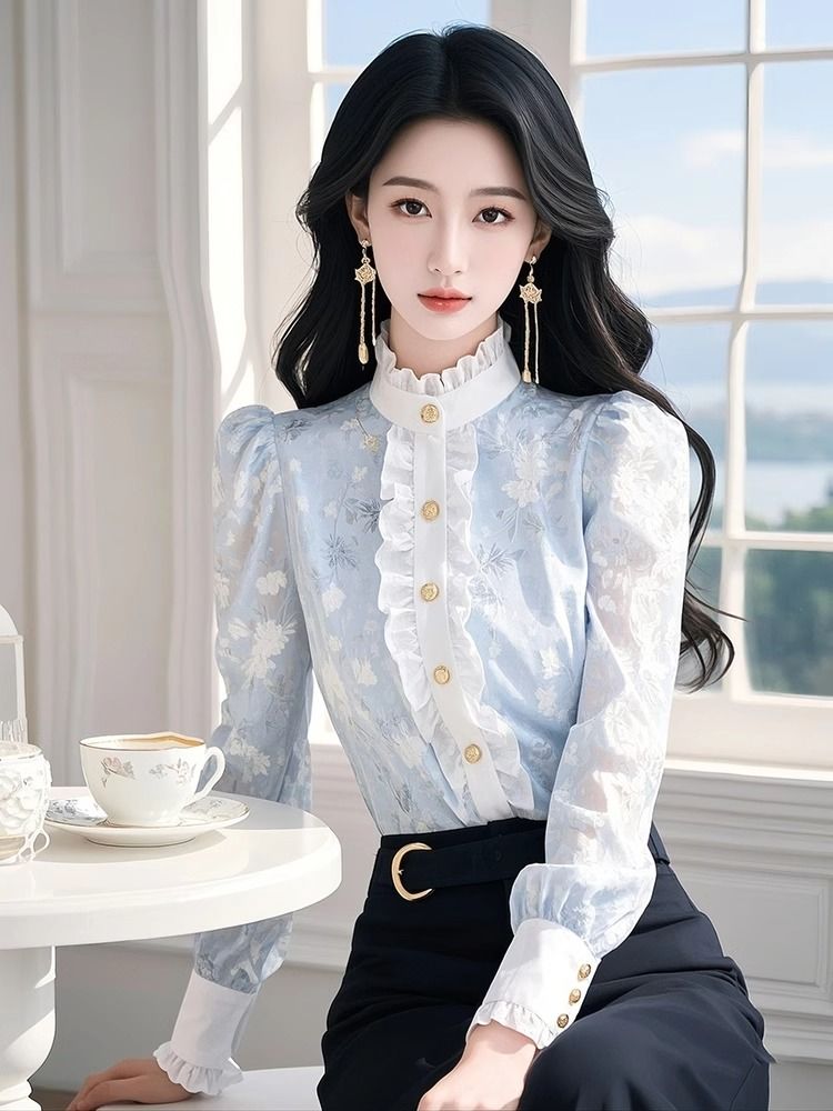 Blue Floral Chiffon Shirt with - Winter Clothing Factory Outlet recension och pris