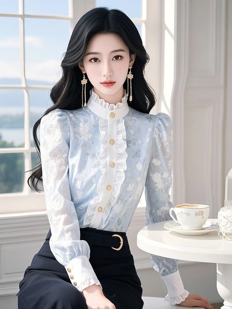 Blue Floral Chiffon Shirt with - Winter Clothing Factory Outlet recension och pris