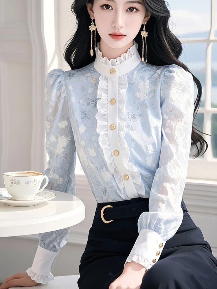 Blue Floral Chiffon Shirt with - Winter Clothing Factory Outlet recension och pris